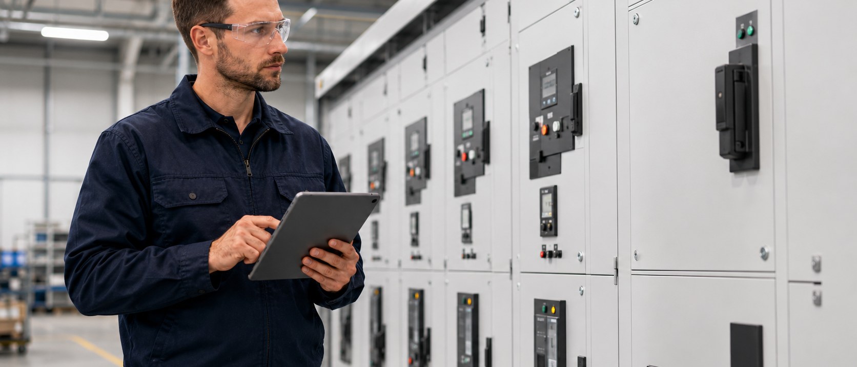Engineer reviewing a line-up of low-voltage switchgear cubicles on the factory floor