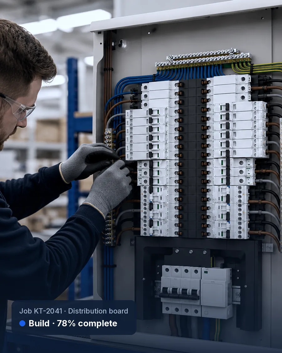 A control panel being wired and assembled at the build stage